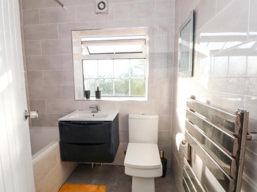 a bathroom with a toilet and a sink and a window at Ash House in Broadheath