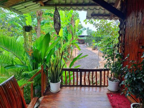 a wooden walkway with potted plants in a garden at Savet Family Homestay & Tour in Battambang