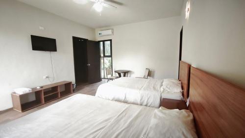 a hotel room with two beds and a television at Hotel & Hostal 230 in Valladolid