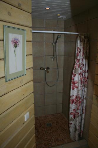 a bathroom with a shower with a picture of a flower at Vienkiemis prie Merkinės in Merkinė