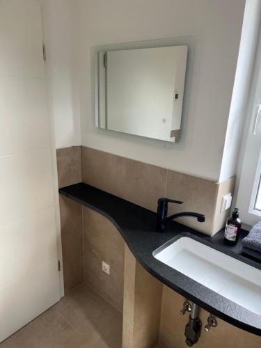 a bathroom with a sink and a mirror at Ferienhaus Friedrich 22 in Kolkwitz