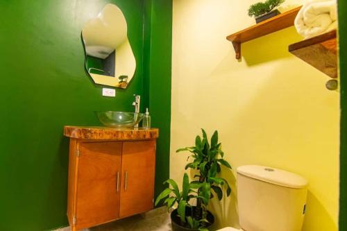 a green bathroom with a sink and a toilet at Waikiki beach Hotel Boutique in Dibulla