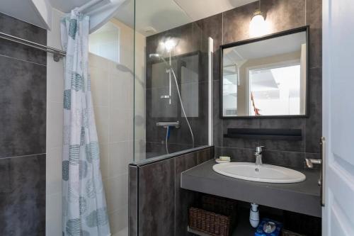 a bathroom with a sink and a mirror and a shower at Charmante maison à Pleubian in Pleubian