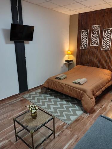 a bedroom with a large bed and a table at Refugio Urbano 2 in Corrientes