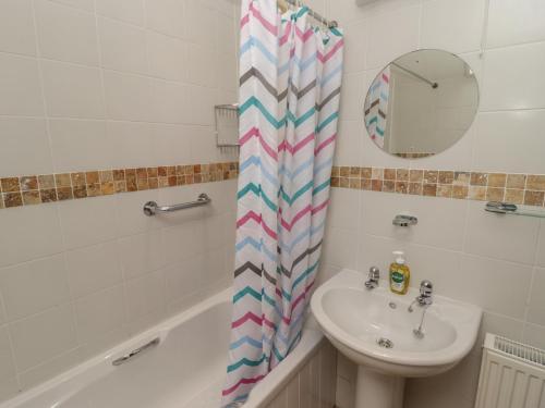 une salle de bain avec un lavabo et un rideau de douche dans l'établissement Garth Cottage, à Saint David's