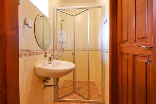 a bathroom with a sink and a glass shower at Penzion U Horských in Čáslav