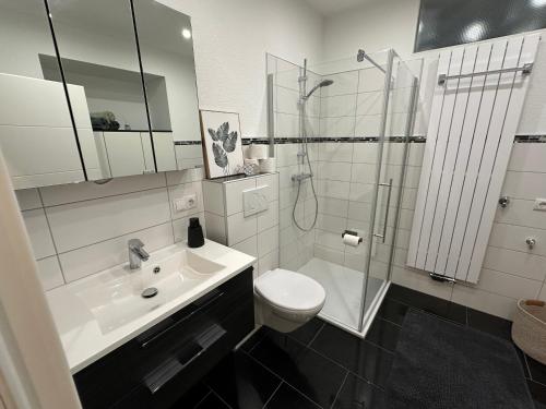 a bathroom with a sink and a shower and a toilet at Ferienwohnung Schwalbennest in Eisfeld