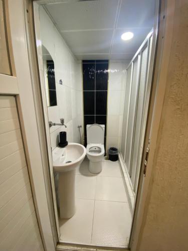 a small bathroom with a toilet and a sink at Poyraz suit in Bursa
