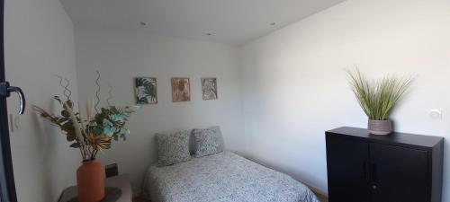 a bedroom with a bed and a dresser with plants at La villa du pressoir, classé 3 étoiles meublé de tourisme in Le Pallet