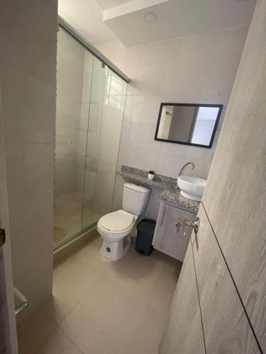 a bathroom with a toilet and a sink at Suite Vista Azul Ricaurte in Ricaurte