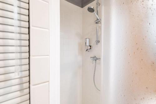 a shower with a shower head in a bathroom at Klínovec ski apartments in Loučná pod Klínovcem