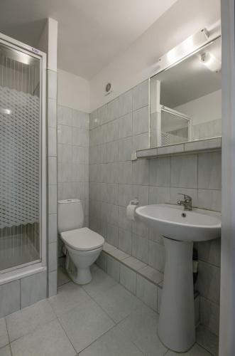 a bathroom with a toilet and a sink and a shower at Płonia Economy in Szczecin