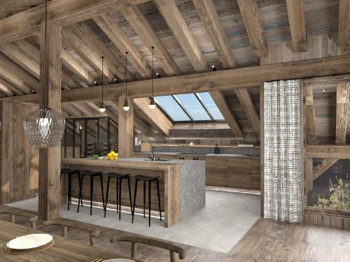 a rendering of a kitchen in a barn with wooden ceilings at Chalet Méribel 12 pers avec piscine et sauna - FR-1-566-84 in Chandon