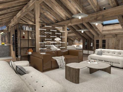 a living room with couches and chairs and a table at Chalet Méribel 12 pers avec piscine et sauna - FR-1-566-84 in Chandon
