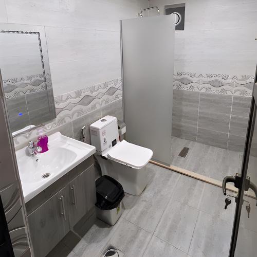 a bathroom with a sink and a toilet and a mirror at Volta Desert Camp in Wadi Rum