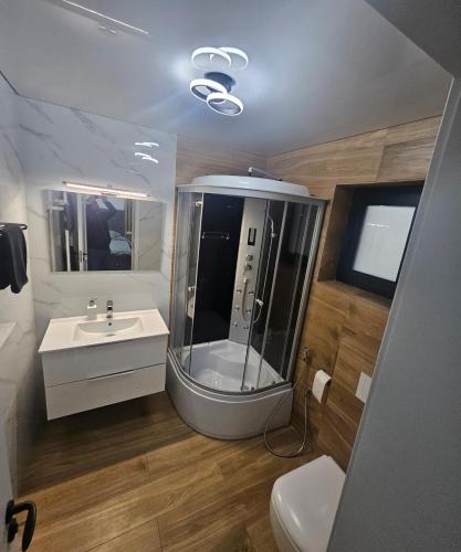 a bathroom with a shower and a sink at IUNIk in Azuga