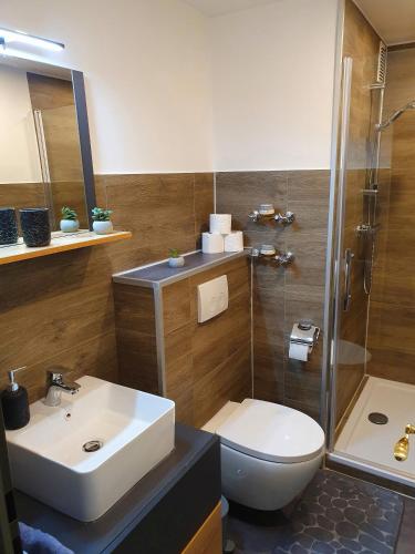 a bathroom with a sink and a toilet and a shower at Ferienwohnung Yvonne in Freyung