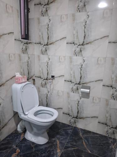 a bathroom with a toilet and a marble wall at Lori Hills Agritourism in Gyulagarak