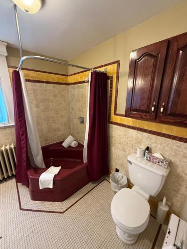 a bathroom with a shower with a toilet and a sink at Midstream Manor Unit 5, 1 Bedroom Apartment in St. John's