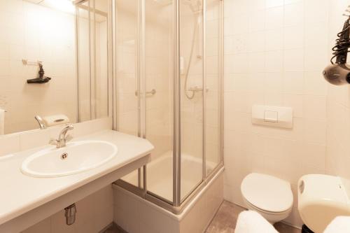 a bathroom with a shower and a sink and a toilet at Hotel Restaurant 't Heerenlogement in Harlingen