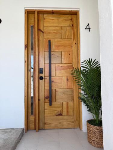 a wooden door in a room with a plant at Couples Suites at Ocean Park Beach Club in San Juan