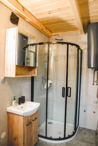 a bathroom with a shower and a sink at Domki nad Wiarem in Huwniki