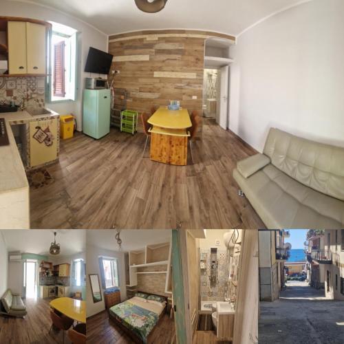 two pictures of a living room and a kitchen at civico 44 in Bova Marina