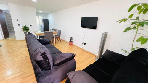 a living room with a couch and a tv at Departamento Guadalajara Expo Downtown Chapultepec in Guadalajara