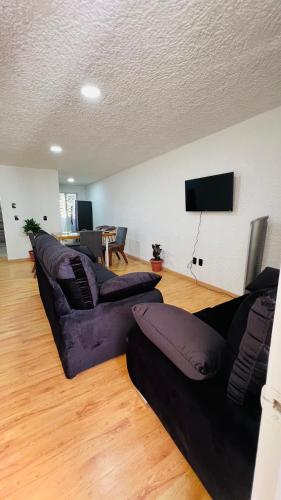 a living room with two couches and a flat screen tv at Departamento Guadalajara Expo Downtown Chapultepec in Guadalajara
