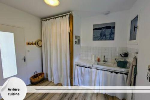 ein Badezimmer mit Waschbecken und Duschvorhang in der Unterkunft La Maison Brévinoise, Pines in Saint-Brévin-lʼOcéan