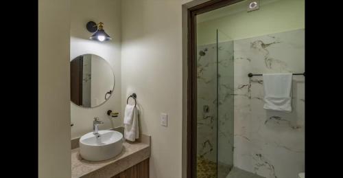 a bathroom with a sink and a shower at Santa Cruz Suite #23 in La Paz