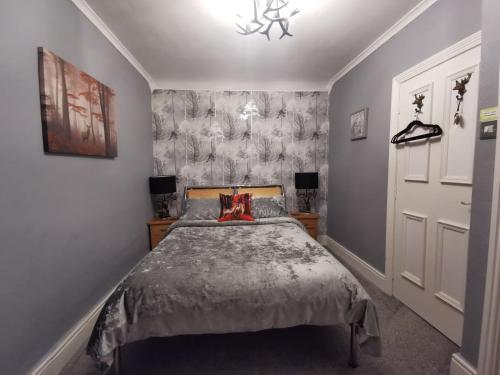 a bedroom with a bed and a white door at Dolweunydd Bed and Breakfast in Betws-y-coed