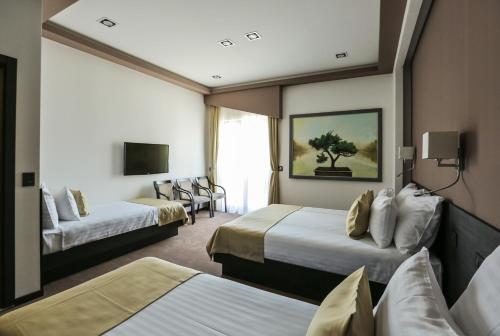 ein Hotelzimmer mit 2 Betten und einem TV in der Unterkunft Garni Hotel Zen in Niš