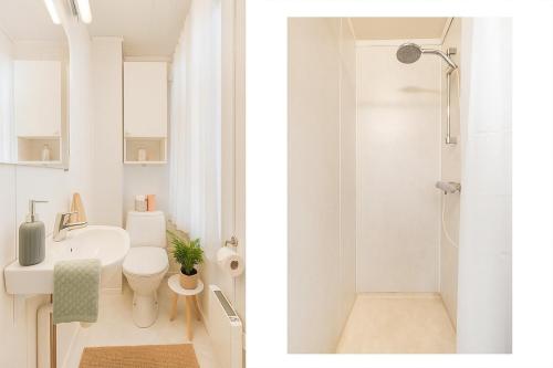 a bathroom with a shower and a toilet and a sink at Apartment Bergen Center - Quiet Gem - Minimum Age 25 in Bergen