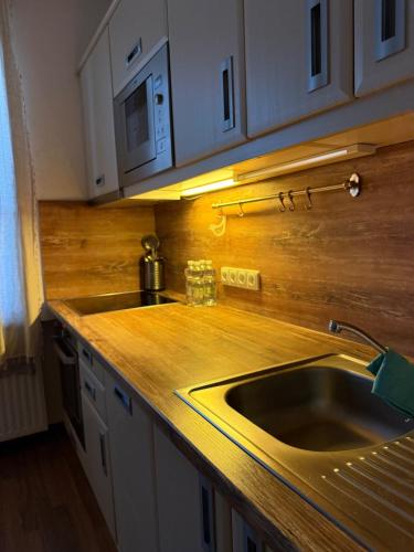 a kitchen counter with a sink and a microwave at CosyCentrumFlat in Slezská Ostrava
