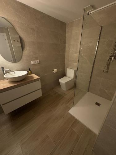 a bathroom with a shower and a sink and a toilet at Kilians apartment 4 in Castellón de la Plana