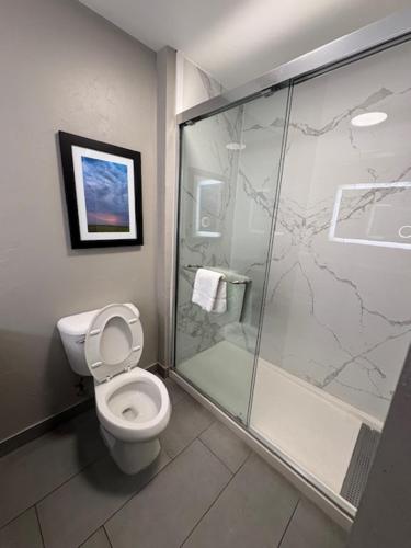 a bathroom with a toilet and a glass shower at La Quinta by Wyndham Oklahoma City - Moore in Moore