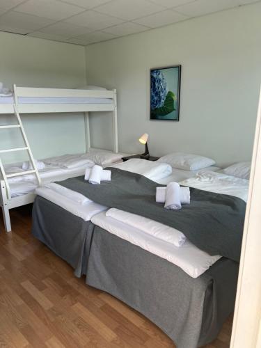 a bedroom with two beds and a bunk bed at Motell Svinesundparken in Halden