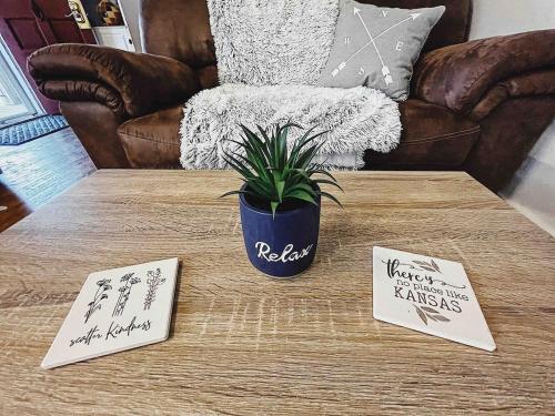 a table with a potted plant on top of it at The Crescent House in Hutchinson