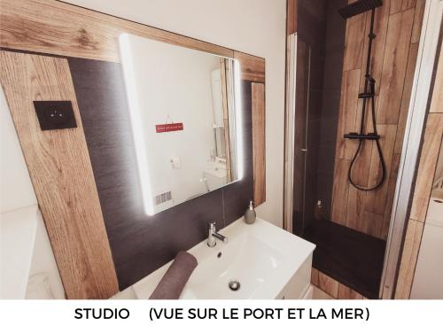 a bathroom with a sink and a mirror at Appart Cosy Brest (La gare) vue mer in Brest