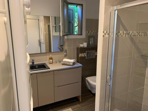 a bathroom with a sink and a toilet and a mirror at La Croix-Valmer, La ferme, Le Vergeron, entre terre et mer in La Croix-Valmer
