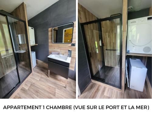 two pictures of a bathroom with a sink and a mirror at Appart Cosy Brest (La gare) vue mer in Brest