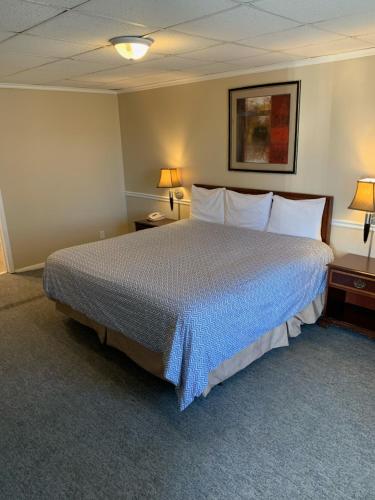 a bedroom with a large bed with pillows and two lamps at Alpine Inn & Suites Rockford in Rockford