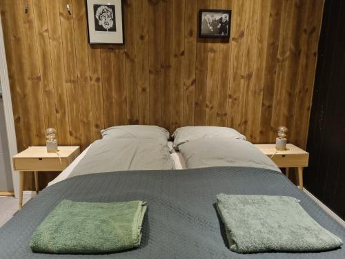a bed with two pillows on it in a bedroom at Villa Heyerdahl Main House in Åmli