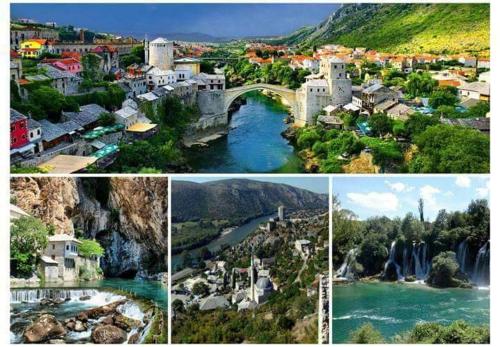 een serie van vier foto's van een stad en een rivier bij Hostel Centrum in Mostar