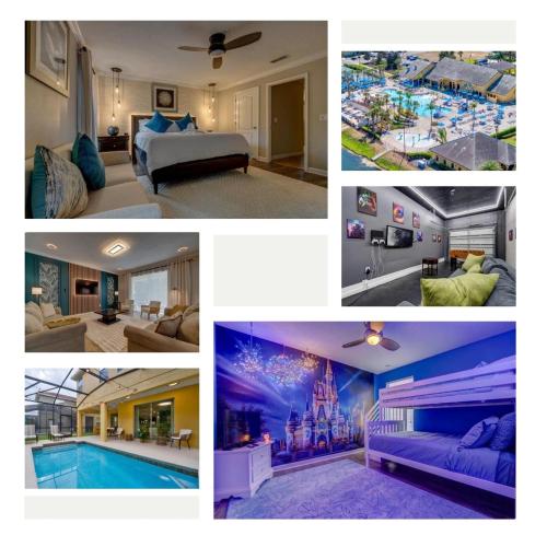 a collage of pictures of a hotel room at NEW, Disney,10mi, Themed Rooms, PvtPool, Movie, Game Room in Kissimmee