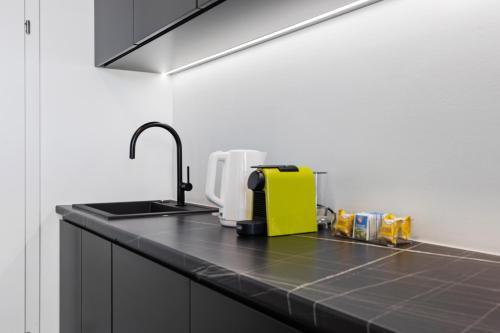 a kitchen with a counter with a sink and a counter at Maria Blick - Design Apartments am Wörthersee in Maria Wörth