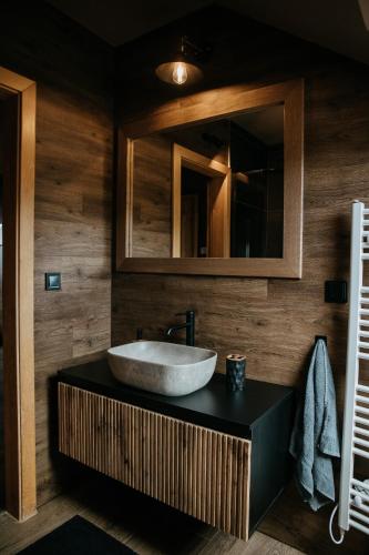 a bathroom with a sink and a mirror at eM Apartments in Vacov