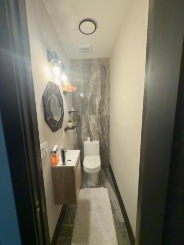 a small bathroom with a toilet and a sink at Oasis de comodidad Habitación individual o compartida in Jersey City