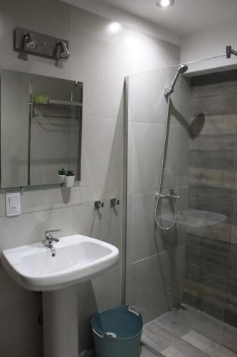 a bathroom with a sink and a shower with a glass door at Parador de Chacras Suite in Chacras de Coria